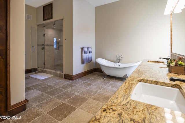 bathroom with vanity and plus walk in shower