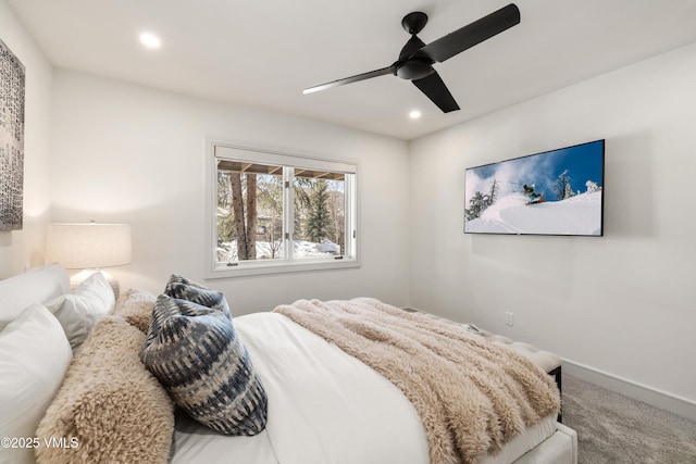 carpeted bedroom with recessed lighting, baseboards, and ceiling fan