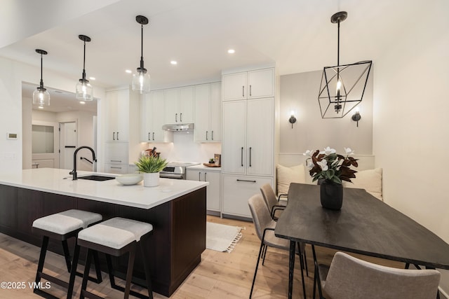 kitchen featuring light wood-style flooring, a sink, under cabinet range hood, white cabinetry, and stainless steel electric range oven