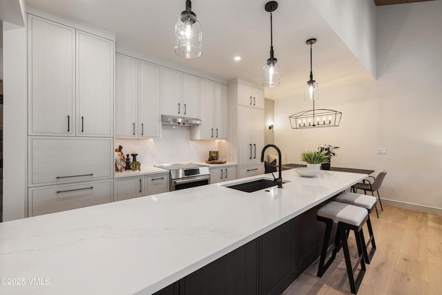 kitchen with light wood-type flooring, electric stove, under cabinet range hood, a sink, and white cabinetry