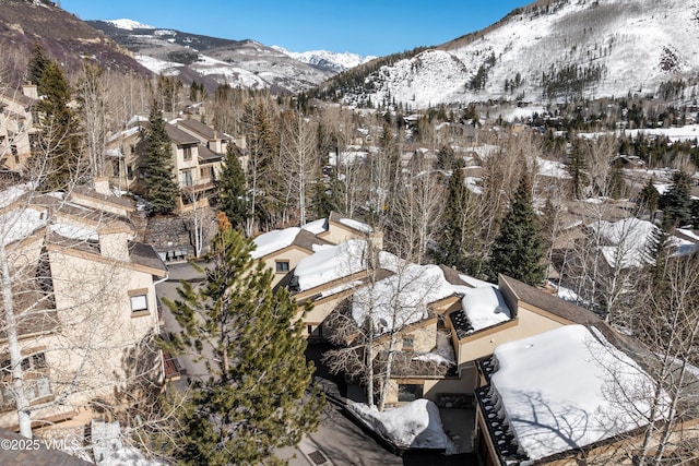 snowy aerial view featuring a mountain view