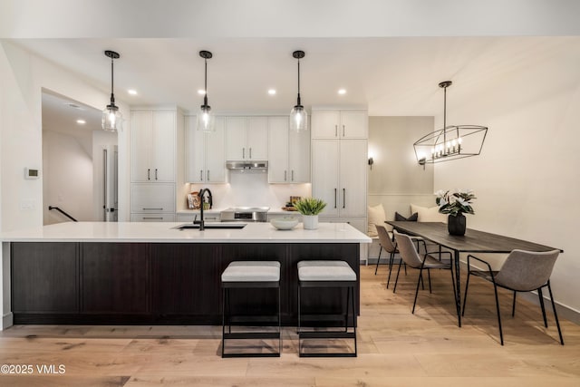 kitchen with a sink, under cabinet range hood, light countertops, and white cabinetry