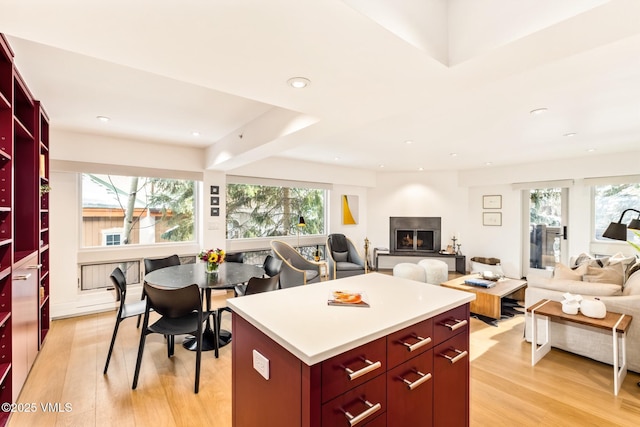 kitchen with light hardwood / wood-style floors and a kitchen island