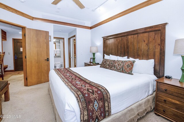 120 Offerson Rd Unit 6140, Beaver Creek, CO 81620 - bedroom featuring light carpet, ensuite bath, a ceiling fan, and track lighting