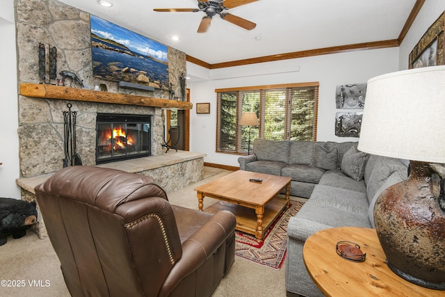 120 Offerson Rd Unit 6140, Beaver Creek, CO 81620 - carpeted living room featuring a stone fireplace, ornamental molding, a ceiling fan, and recessed lighting