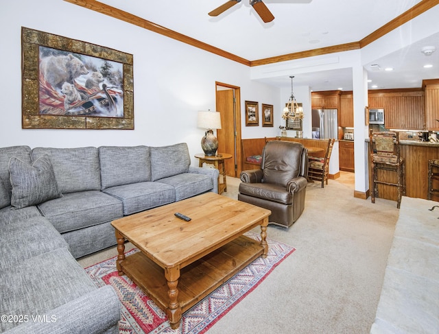 120 Offerson Rd Unit 6140, Beaver Creek, CO 81620 - living room with ornamental molding, a ceiling fan, light colored carpet, and recessed lighting