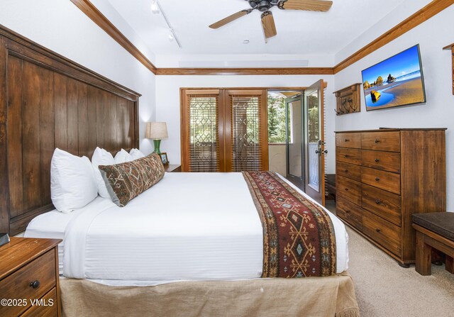 120 Offerson Rd Unit 6140, Beaver Creek, CO 81620 - bedroom featuring carpet floors, french doors, access to exterior, ceiling fan, and track lighting