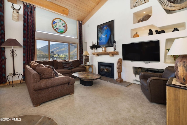 living room with baseboard heating, carpet flooring, high vaulted ceiling, and wooden ceiling