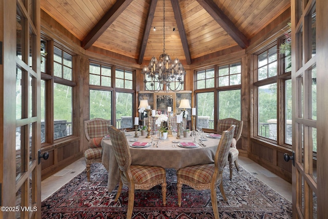 780 Potato Patch Dr, Vail, CO 81657 - dining area with a wooden ceiling with exposed beams, plenty of natural light, a chandelier, wooden walls, and high vaulted ceiling