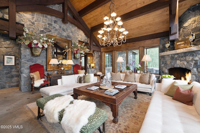 780 Potato Patch Dr, Vail, CO 81657 - living area featuring a fireplace, a chandelier, high vaulted ceiling, and a wooden ceiling with exposed beams