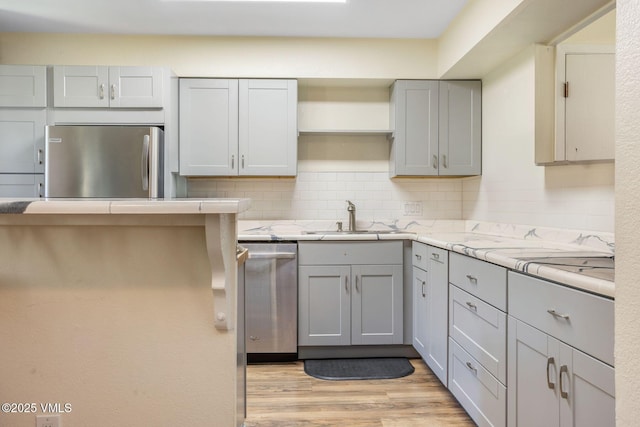 600 Price Ln Unit 1, Gypsum, CO 81637 - kitchen featuring stainless steel appliances, gray cabinetry, backsplash, and light wood-style floors