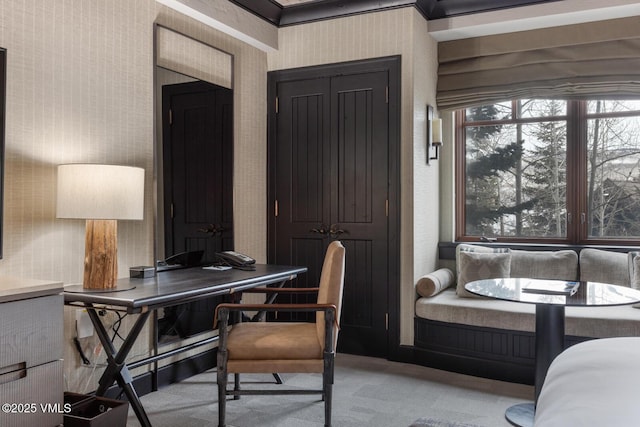 130 Daybreak Rd # Hs619, Avon, CO 81620 - office area featuring wallpapered walls and carpet flooring