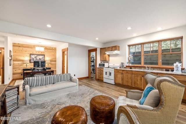 674 Hernage Creek Rd, Eagle, CO 81631 - living room featuring wood walls, recessed lighting, and light wood-style flooring