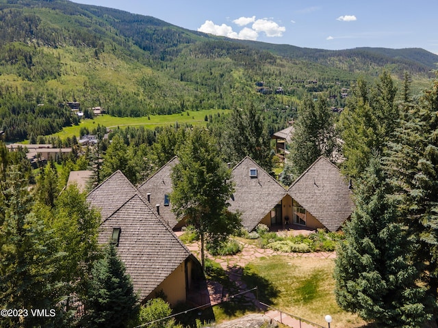 aerial view with a mountain view and a forest view