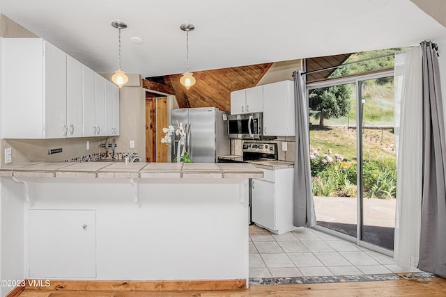 kitchen with appliances with stainless steel finishes, a wealth of natural light, white cabinetry, and a peninsula
