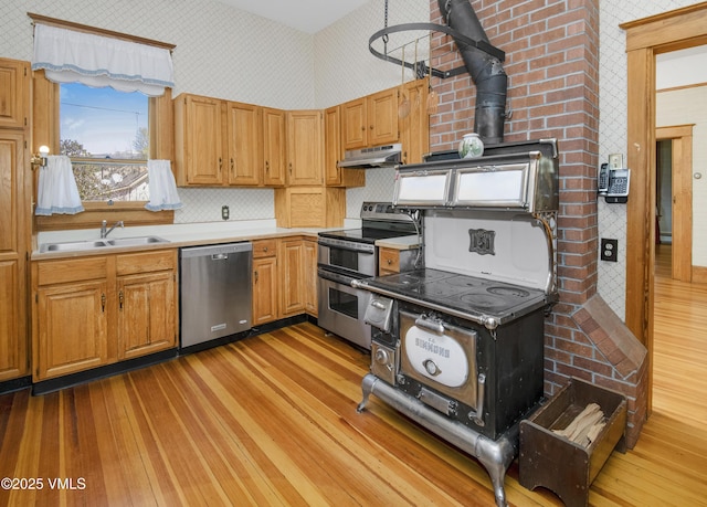 409 Washington St, Eagle, CO 81631 - kitchen featuring stainless steel appliances, a wood stove, a sink, light wood finished floors, and under cabinet range hood