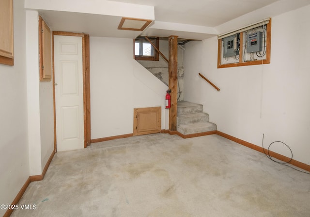409 Washington St, Eagle, CO 81631 - below grade area with baseboards, stairway, carpet floors, and electric panel