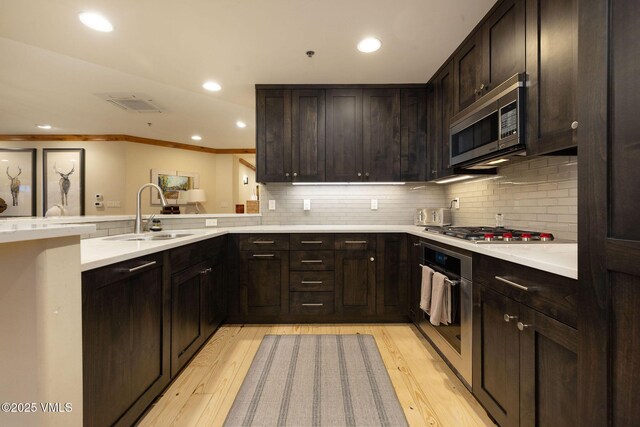 kitchen featuring stainless steel appliances, sink, dark brown cabinetry, and light wood-type flooring