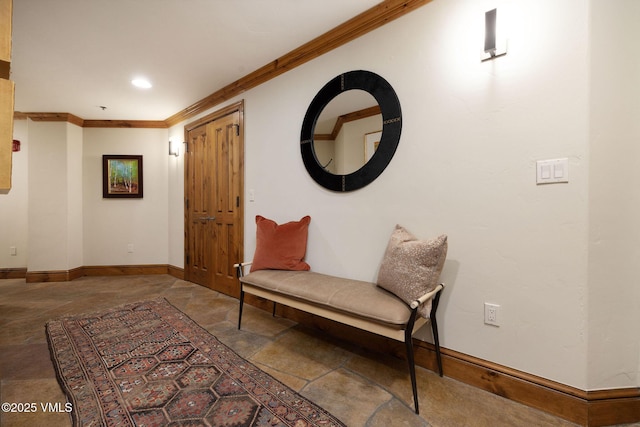 living area with ornamental molding