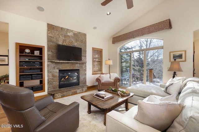 50 Andover Trl, Edwards, CO 81632 - living room with recessed lighting, a stone fireplace, a ceiling fan, and high vaulted ceiling