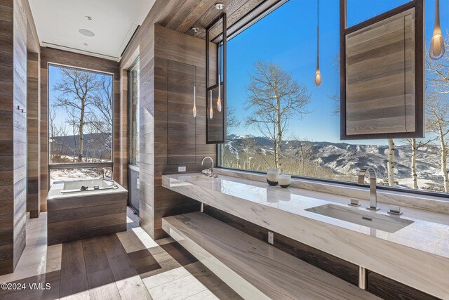 bathroom with double vanity, a bath, and a sink