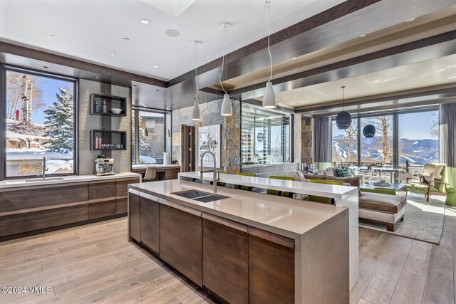 kitchen with open floor plan, light countertops, light wood-type flooring, and a sink