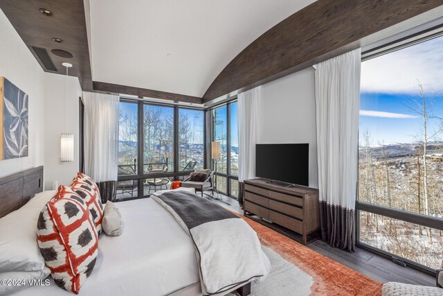 bedroom featuring wood finished floors and vaulted ceiling