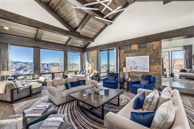 living room with beamed ceiling, wood finished floors, high vaulted ceiling, and wooden ceiling