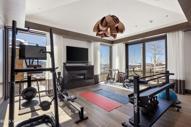 workout area featuring a glass covered fireplace and wood finished floors