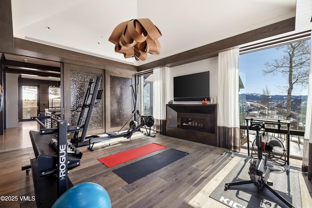 exercise area with a fireplace and wood finished floors