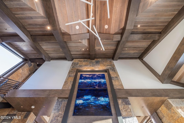 room details featuring beam ceiling and wood ceiling