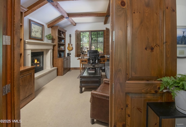 2241 Tahoe Dr, Vail, CO 81657 - office area with a glass covered fireplace, light colored carpet, and baseboards