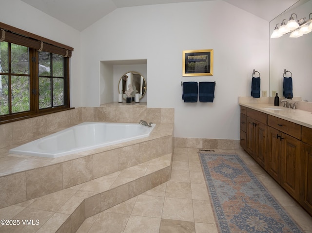 2241 Tahoe Dr, Vail, CO 81657 - full bath featuring lofted ceiling, vanity, tile patterned floors, and a bath