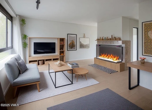 living room featuring a warm lit fireplace and wood finished floors