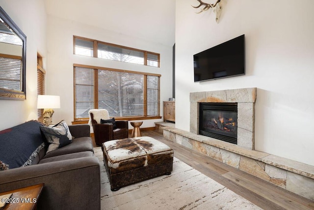 living area featuring a high ceiling, wood finished floors, and a fireplace