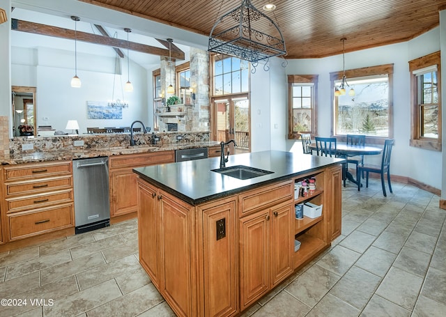 kitchen featuring hanging light fixtures, dishwashing machine, wood ceiling, and a sink