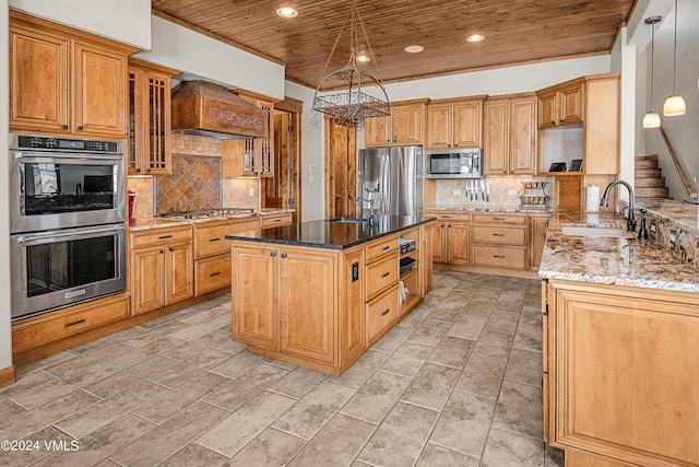 kitchen with stainless steel appliances, wood ceiling, a sink, and light stone countertops