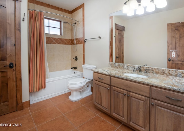 full bath featuring toilet, shower / bathtub combination with curtain, tile patterned flooring, and vanity