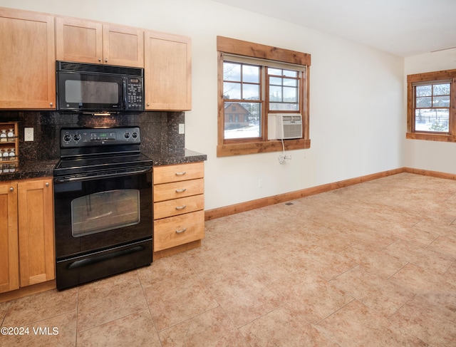 kitchen featuring black appliances, baseboards, decorative backsplash, and cooling unit