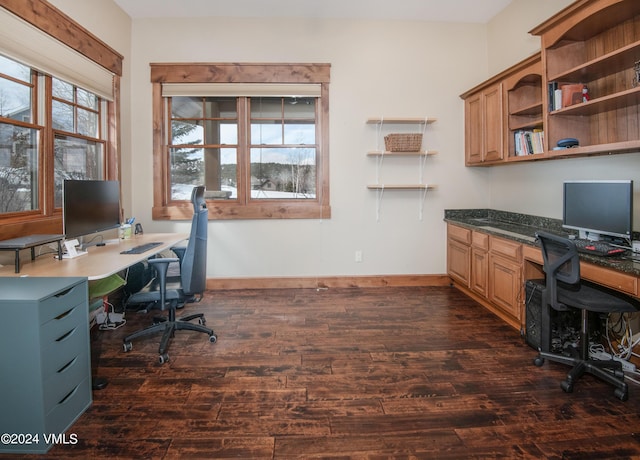 office featuring built in study area, dark wood finished floors, and baseboards