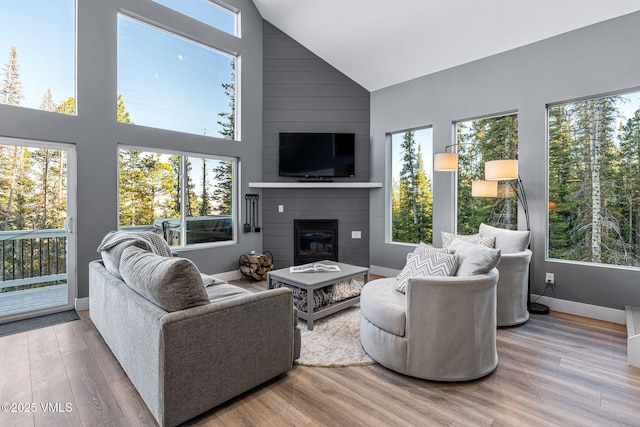 408 El Lobo Ln, Fairplay, CO 80440 - living room with high vaulted ceiling, a large fireplace, and wood finished floors
