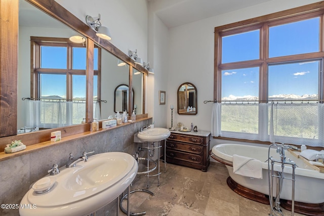 6306 Bellyache Ridge Rd, Wolcott, CO 81655 - bathroom featuring a freestanding bath, a sink, and stone finish floors