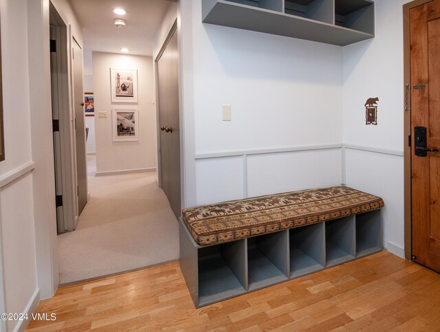 311 Offerson Rd Unit 329, Beaver Creek, CO 81620 - hall featuring a decorative wall, light wood-style flooring, and wainscoting