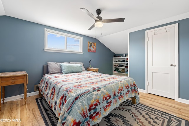 618 W Chestnut St, Leadville, CO 80461 - bedroom featuring vaulted ceiling, light wood-type flooring, baseboards, and ceiling fan
