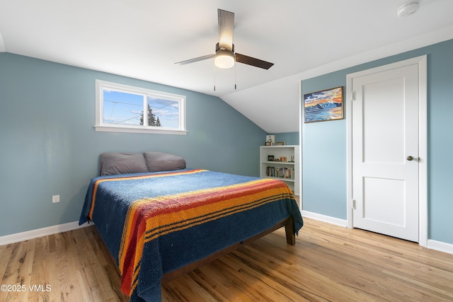 618 W Chestnut St, Leadville, CO 80461 - bedroom with light wood finished floors, baseboards, lofted ceiling, and ceiling fan
