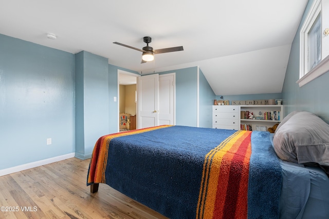 618 W Chestnut St, Leadville, CO 80461 - bedroom with wood finished floors, ceiling fan, baseboards, and lofted ceiling
