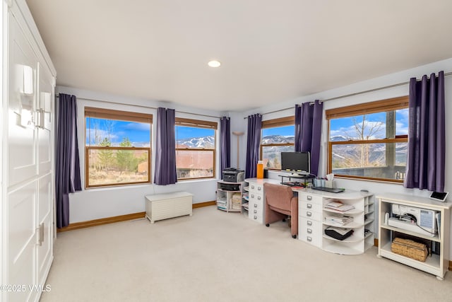 home office featuring carpet flooring, recessed lighting, and baseboards