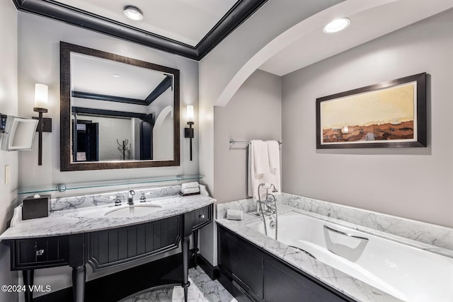 130 Daybreak Rdg Unit Hs613, Avon, CO 81620 - bathroom featuring a bath, marble finish floor, crown molding, and vanity