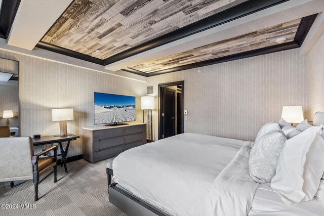 bedroom with light carpet and wood ceiling