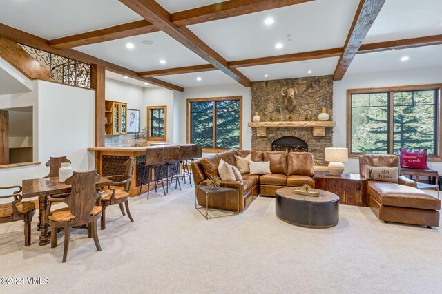 living room with wood-type flooring, a stone fireplace, and high vaulted ceiling